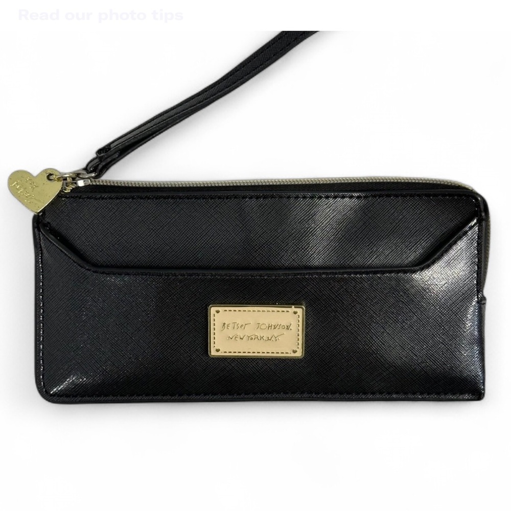 Betsey Johnson | Black Wallet Wristlet with Gold Accents and Pink Lipped Liner